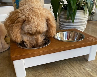 Handmade Wooden Raised Dog Bowl with Stainless Steel Bowls