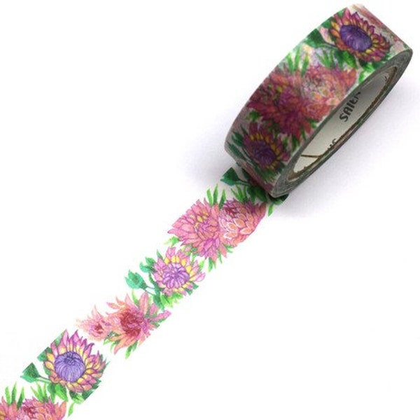 SAIEN Washi Tape, Protea FloralEs Washi Tape, 15mm x 10m, Florales Masking Tape, Buntes Zuckerbushes Dekoratives Papierband, Made in Japan