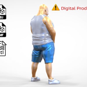 Può includere: Modello 3D di un uomo che indossa una canottiera bianca e pantaloncini blu. Il modello è disponibile nei formati OBJ, 3MF e STL.