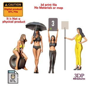 Peut inclure: Un fichier STL de produit numérique avec un panneau d'avertissement. L'image présente des figurines de femmes, certaines tenant un parapluie, un panneau avec le numéro 3 et un panneau. Le texte indique "Ce n'est pas un produit physique".