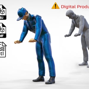 May include: A 3D model of a person in a blue jumpsuit bending over. The model is available in OBJ, 3MF, and STL file formats. Digital product.