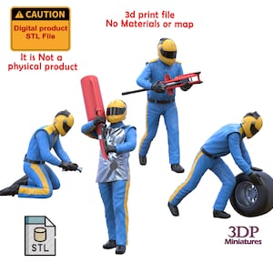Può includere: Immagine digitale di miniature stampate in 3D di membri dell'equipaggio di auto da corsa in uniformi blu e gialle. Le figure sono in posa con attrezzi e un pneumatico. L'immagine include il testo "Digital product STL File" e "It is Not a physical product."