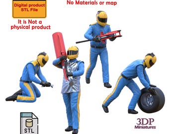 Op de afbeelding: Een digitale productafbeelding van 3D-geprinte miniatuur race-autoteamfiguren in blauwe en gele uniformen. De figuren poseren met gereedschap en een band. De afbeelding bevat tekst die zegt "Digital product STL File" en "It is Not a physical product."