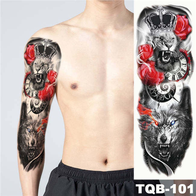 4sheet Upper Arm Sleeve Tattoo Crown Lion Tiger Wolf Head Waterproof  Temporary Tattoo Sticker Body Art Fake Tattoo For Women Men