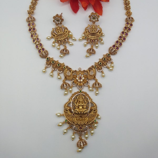 Goddess Lakshmi Temple Jewelry/One Gram Gold Indian Traditional Necklace Set/Multi Color, AD, Pearl Lakshmi Devi Short Necklace , Earrings