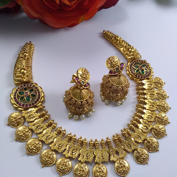 Matte Goddess Lakshmi Kasu Kante Short Necklace Set/One Gram Gold Indian Temple Traditional Kante with Jhumka/Multi Stone Short Necklace Set