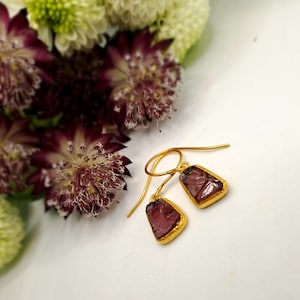 Garnet Drop Earrings, Raw Gemstone Earrings, Gold Sterling Silver Earrings, Raw Garnet, Semi Precious Stone, Rough Gem, Garnet,Drop Earrings