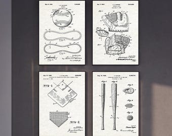 Set di 4 stampe di brevetti di baseball, download digitale di arte murale a tema baseball, poster di mazza, stampa di guantone, regalo per appassionati di sport nella "tana dell'uomo".