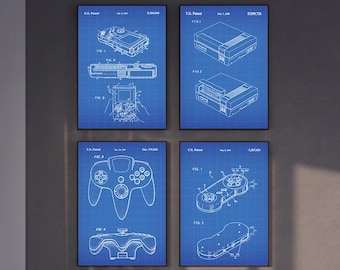 Lot de 4 impressions sur les brevets pour jeux vidéo vintage, oeuvres d'art murales de jeux vidéo, affiches de manette à téléchargement numérique, décoration de chambre de gamer, cadeau rétro homme des cavernes
