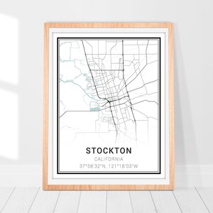 Impression d'art carte de Stockton • Poster de carte de la ville de Stockton en Californie • Carte de Stockton • Art déco mural Stockton • Cadeau d'art carte minimaliste Stockton