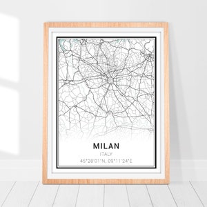 Impression d'art carte de Milan • Poster de carte de la ville de Milan en Italie • Art mural de Milan en Italie • Décoration d'impression de la ville • Carte de l'Italie à Milan • Cadeau d'art carte minimaliste
