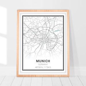 Impression d'art carte de Munich • Poster de carte de la ville de Munich en Allemagne • Art déco mural Munich Allemagne • Carte de l'Allemagne Munich • Cadeau d'art carte minimaliste