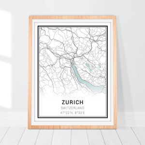 Impression d&#39;art carte de Zurich • Poster de carte de la ville de Zurich, Suisse • Art mural de Zurich • Impression décorative de la ville • Carte de Zurich • Cadeau d&#39;art carte minimaliste