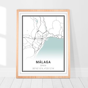 Impression d'art carte de Malaga • Poster carte de la ville de Malaga en Espagne • Art mural Malaga en Espagne • Cadeau de décoration murale • Carte d'Espagne Malaga • Cadeau d'art carte minimaliste