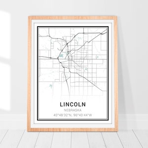 Impression d'art carte Lincoln • Poster de carte de la ville de Lincoln Nebraska • Art déco murale Lincoln Nebraska • Carte de Lincoln • Cadeau d'art carte minimaliste