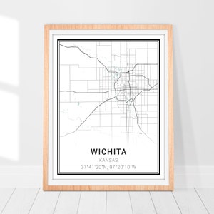 Impression de carte de Wichita - affiche de carte de la ville de Kansas Wichita, art mural Wichita, décoration de carte minimaliste, cadeau pour compatriote et citoyen de Wichita du Kansas