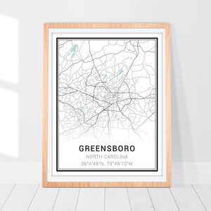 Impression d'art de carte de Greensboro • Poster de carte de la ville de Greensboro en Caroline du Nord • Art mural de Greensboro • Décoration • Carte de Greensboro • Art de carte minimaliste