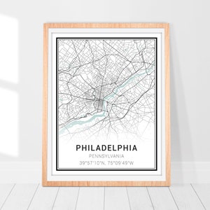 Impression d'art carte de Philadelphie • Poster de carte de la ville de Philadelphie en Pennsylvanie • Art mural de Philadelphie • Carte de Philadelphie • Cadeau carte minimaliste