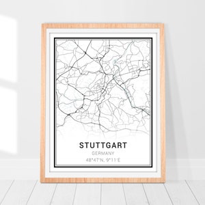Impression d'art de la carte de Stuttgart • Poster du plan de la ville de Stuttgart en Allemagne • Art mural de Stuttgart • Impression décorative de la ville • Carte de Stuttgart • Art de la carte minimaliste