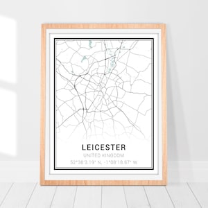 Impression d'art de carte de Leicester • Poster de carte de la ville de Leicester au Royaume-Uni • Art déco mural de Leicester • Carte de Leicester • Cadeau d'art carte minimaliste