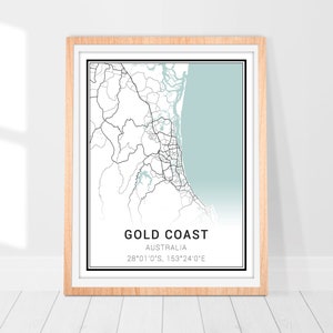 Impression d'art de carte de la Gold Coast • Poster de carte de la ville de la Gold Coast de l'Australie • Art mural de la Gold Coast • Impression décorative • Carte de la Gold Coast • Art de la carte minimaliste
