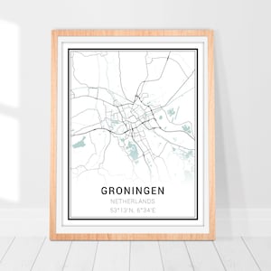 Impression d'art de carte de Groningue • Poster de carte de la ville de Groningue aux Pays-Bas • Art déco mural de Groningue • Carte de Groningue • Cadeau d'art carte minimaliste