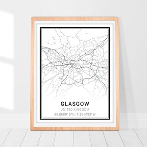 Impression d'art de carte de Glasgow • Poster de carte de la ville de Glasgow au Royaume-Uni • Art mural de Glasgow • Impression décorative • Carte de Glasgow • Cadeau d'art carte minimaliste