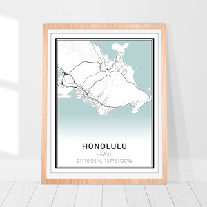 Impression d'art carte Honolulu • Poster carte de la ville d'Hawaï Honolulu • Art déco murale Honolulu Hawaï • Carte d'Hawaï Honolulu • Cadeau d'art carte minimaliste