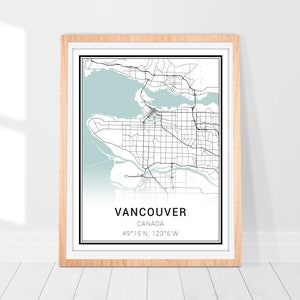 Impression d'art de carte de Vancouver • Poster de carte de la ville de Vancouver au Canada • Art déco murale de la ville de Vancouver • Carte de Vancouver • Cadeau d'art carte minimaliste