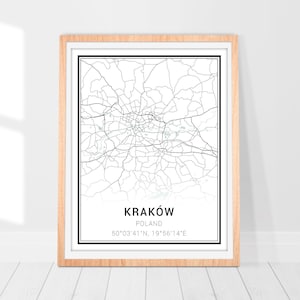 Impression d&#39;art carte de Cracovie • Poster carte de la ville de Cracovie Pologne • Art mural Cracovie Pologne • Art déco • Carte de Cracovie Pologne • Cadeau d&#39;art carte minimaliste