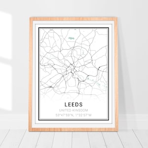Impression d'art de carte de Leeds • Poster de carte de la ville de Leeds au Royaume-Uni • Art déco mural de Leeds au Royaume-Uni • Carte de Leeds • Cadeau d'art carte minimaliste