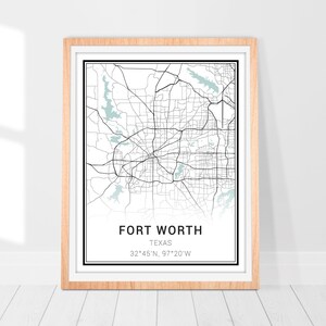 Impression d'art de carte de Fort-Worth • Poster de carte de la ville de Fort-Worth au Texas • Art mural de Fort-Worth • Décoration imprimée • Carte de Fort-Worth • Art de carte minimaliste