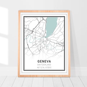 Impression d'art de carte de Genève • Poster de carte de la ville de Genève, Suisse • Art mural de Genève • Décoration d'impression de ville • Carte de Genève • Art de carte minimaliste