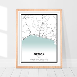 Impression d'art de carte de Gênes • Poster de carte de la ville de Gênes en Italie • Art mural de Gênes en Italie • Décoration imprimée de la ville • Carte d'Italie Gênes • Cadeau d'art carte minimaliste