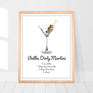 Vodka Dirty Martini Cocktail Prints - Kitchen and Bar Decor Wall Art - Cocktail Recipes - Pub Wall Art - Gift for Alcohol Lovers and Barman