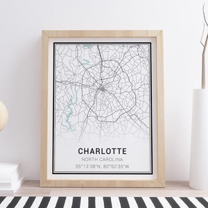 Impression de carte de Charlotte - carte de la ville de Charlotte, affiche de Charlotte, art mural Charlotte, décoration de Charlotte, carte de Charlotte, art de carte minimaliste