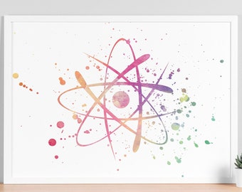 Aquarell Atom, Atom Symbol Poster - Physik, Schule, Wissenschaftsdeko, Medizinisches Symbol, Wandkunst, Atomic, Wissenschaftskunst, Abschlussgeschenk - V60