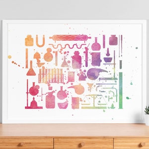 Watercolor Chemistry Tools Poster - Biotech Wall Art, Bioscience Microbiology, Cool Science Chemist Gift, Scientific Tools Wall Art - V65