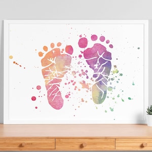 Aquarell Kid Footprint Poster - Hebamme und neues Familiengeschenk, medizinisches Kunstplakat, menschliche Anatomie - Wanddekor - V78