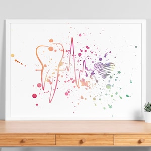 Aquarel tand liefde poster - tandarts decor, tandheelkunde kantoor wetenschap poster, kunst aan de muur kliniek, tandheelkundige student en afstudeercadeau - V87