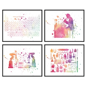 Aquarell Apotheker und Wissenschaftler 4er Set - Biotech Wand Kunst, Biowissenschaftliche Mikrobiologie, Wissenschaft Poster, Chemiker Werkzeug, cooles Geschenk - V123