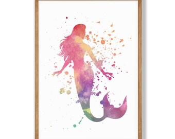 Watercolor Mermaid Print - Mermaid Wall Art, Mermaid Decor, Nautical Print, Watercolor Nursery Decor, Girls Room Decor, Kids Room Art