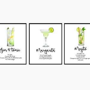 Cocktail Prints Set of 3 - Kitchen Prints, Cocktail Wall Art, Bar Decor, Bar Wall Art, Cocktail Recipes, Kitchen Decor, Pub Wall Art