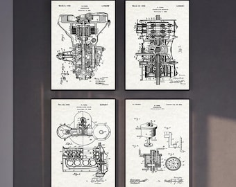 Juego de 4 láminas de patentes de motores, arte mural de ingeniería mecánica, póster de planos de motores, decoración de garaje, regalo para mecánicos, descarga digital.