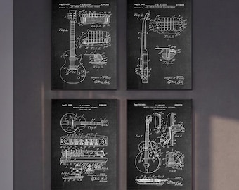 Lot de 4 gravures de brevet de guitare électrique vintage, décoration de chambre de musique d'art de guitare, cadeau de joueur de musicien, art de téléchargement numérique d'instruments rétro