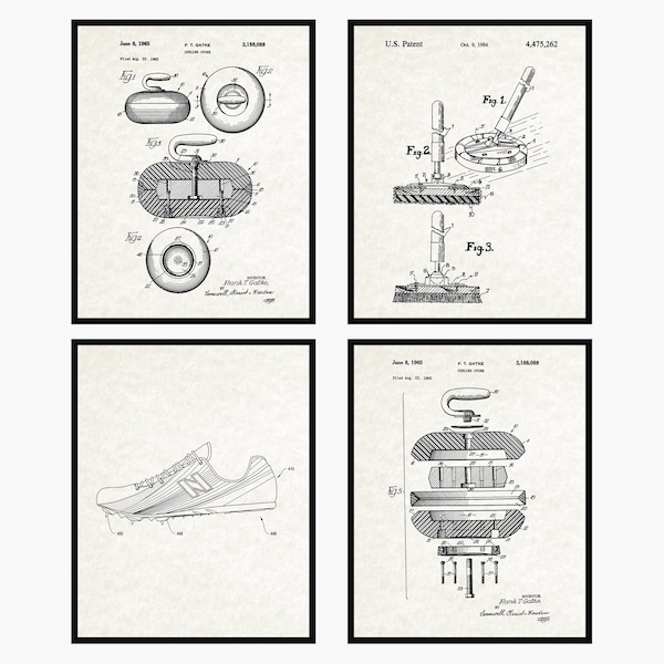 Curling Patentdrucke 4er Set - Curling Geschenke • Curling Dekor • Männerhöhle Dekor • Wintersport Druck • Sport Wandkunst