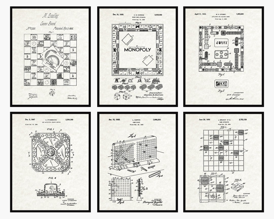 Board Game Patent Prints Set of 6 - Game Room Decor • Man Cave Decor ...