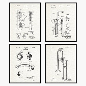 Brass Instrument Patent Prints Set 4 - Music Room Decor • Music Patent Prints • Musician Gift • Musician Wall Art • Music Teacher Gift