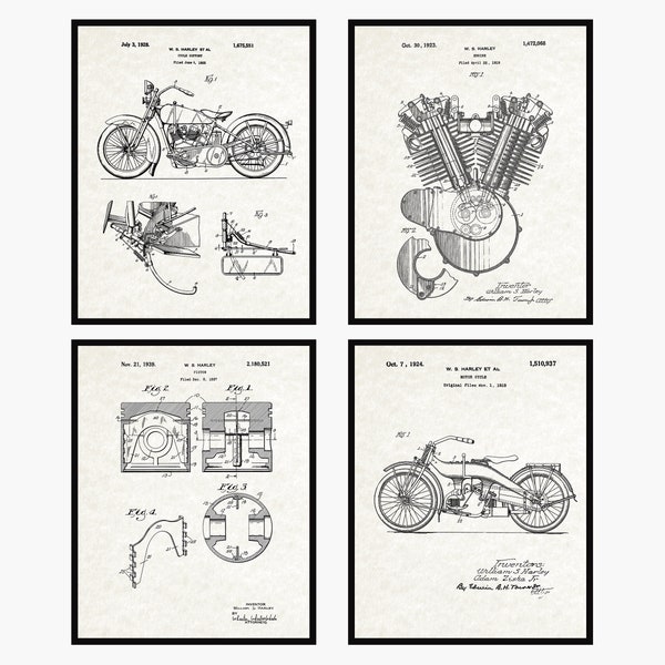 Harley Davidson Patent Prints 4er Set - Harley Davidson Wandkunst • Motorrad Drucke • Garage Decor • Motorrad Wandkunst