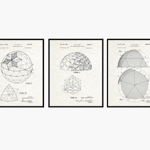 Buckminster Patent Prints Set Of 3 - Geodesic Dome Patent • Buckminster Fuller Art • Buckminster Fuller Poster • Architecture Wall Art